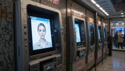 Poster - Automated banking experience urban setting digital banking technology indoor environment close-up viewpoint modern user interaction