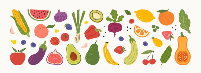 Hand drawn fruits and vegetables. Modern abstract minimal style. Healthy organic food. Strawberry, onion, zucchini, apple, orange, leek, watermelon, corn, pepper, beet. Vector flat illustration.
