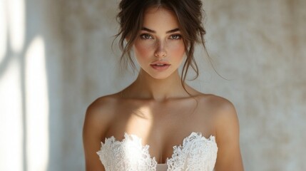 Poster - A serene moment captures a young woman displaying grace in a beautiful strapless bridal gown adorned with intricate lace. Soft light enhances her features and elegance.