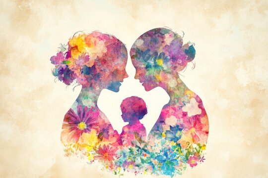 Watercolor mother-child silhouette blending into a floral pattern