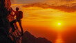 © Bolbik - A determined rock climber scaling a rugged cliff during a golden sunset. The warm glow highlights the dramatic ascent and adventure