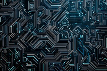 abstract close-up of a glowing blue digital circuit board, showcasing intricate connections and tech