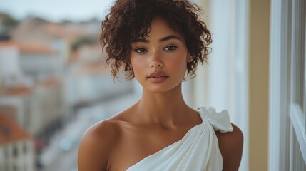 Poster - A young woman with natural curls poses confidently by a window. She wears a stylish white dress that accentuates her elegance while the vibrant cityscape fills the background.