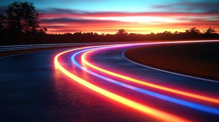 Poster - Illuminated curved road with sunset skies above the trees