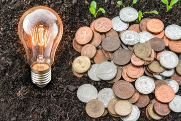 Poster - The concept of energy conservation and financial management is depicted by a lightbulb, tree, and coins on soil with a sunny backdrop