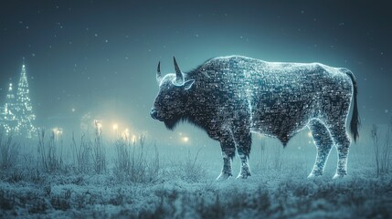 Poster - An illuminated bison stands in a winter landscape with distant lights