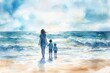 © GFX Corner - Watercolor portrait of a mother and son walking along the beach