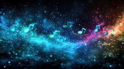 Poster - Musical notes floating across a colorful and starry cosmic expanse
