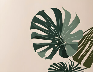  Vertical Abstract Background with the image of a Palm Branch and Monstera. Minimalism background 
