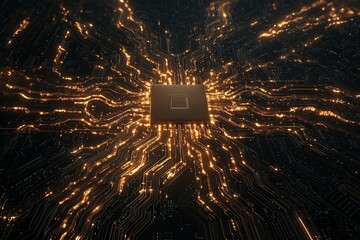 - A stock image features a futuristic circuit board set against a brown neon abstract background