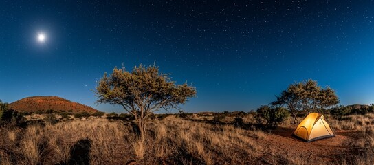 Wall Mural - in the heart of africa's savannah, adventure awaits, and as night falls, the sky transforms the land