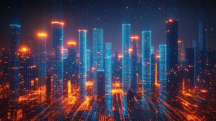 Poster - Futuristic City With Illuminated Structures Reaching A Starry Night Sky
