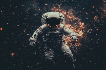 Poster - An astronaut suspended in the emptiness of space, symbolizing humanity's quest to explore the cosmos, created with Generative Ai