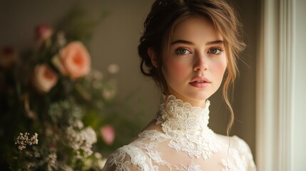 Aufkleber - A young woman stands gracefully in a delicate white bridal gown, framed by soft natural light and adorned with elegant floral decorations in a serene setting.