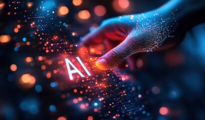 A hand pointing at the word AI on a computer screen