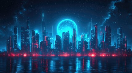 Poster - A futuristic cityscape glows with bright neon lights at night