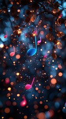 Poster - Floating musical notes are surrounded by bokeh and lights in nature