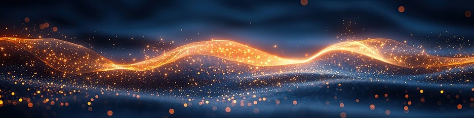 Poster - A glowing orange wave against a dark blue shimmering background