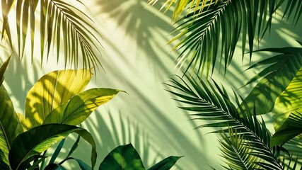 Wall Mural - Tropical Lush: Sunlight dapples across a wall, casting intricate shadows of lush, vibrant green leaves from a tropical paradise. Capturing the essence of serene and invigorating nature.