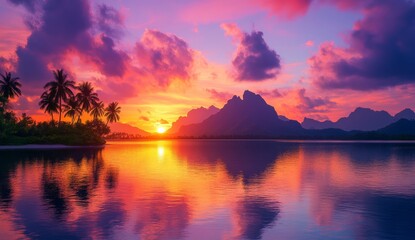 Wall Mural - beautiful tropical landscape. sunset over an exotic island, with palm trees and mountains in the bac