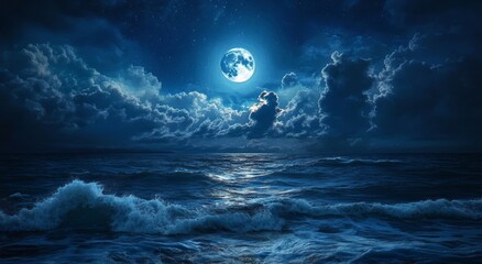 Wall Mural - beautiful ocean scene with a large moon and clouds in the night sky, a fantasy landscape.
