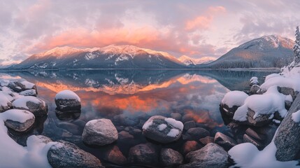 Wall Mural - colorful sunset over snow-capped mountains with reflection in the lake at the rocky shore of the val