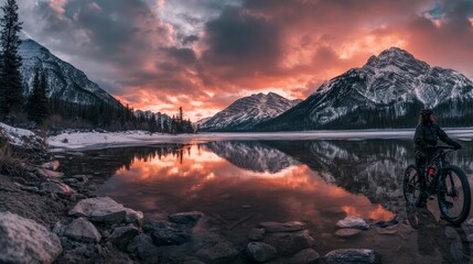 Wall Mural - colorful sunset over snow-capped mountains with reflection in the lake at the rocky shore of the val
