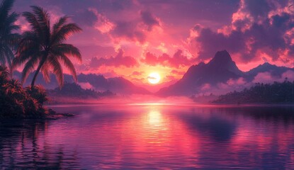 Wall Mural - beautiful tropical landscape. sunset over an exotic island, with palm trees and mountains in the bac