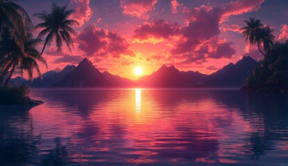 Wall Mural - beautiful tropical landscape. sunset over an exotic island, with palm trees and mountains in the bac