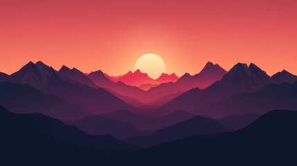 Wall Mural - bright orange sunset over the mountain range.