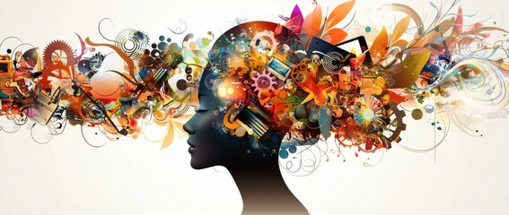 Poster - the concept of human digitization is illustrated by an abstract art view of a futuristic digital sci
