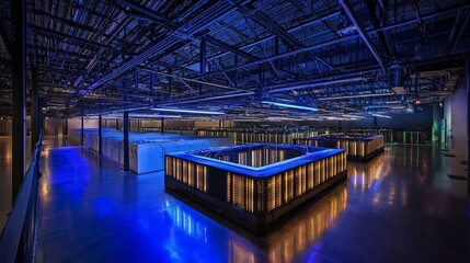 Poster - The concept of the Internet of Things, data flow, and digitalization of internet traffic is visualized in a modern data technology center, where server racks are housed in a dark room with VFX,