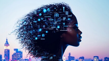 Poster - This conceptual image shows a silhouette of a person made up of interconnected technology icons, representing the digitization of personal identity