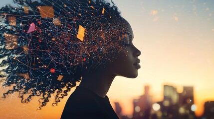 Poster - A person's silhouette is filled with interconnected technology icons in this conceptual photo, illustrating the digitization of personal identity