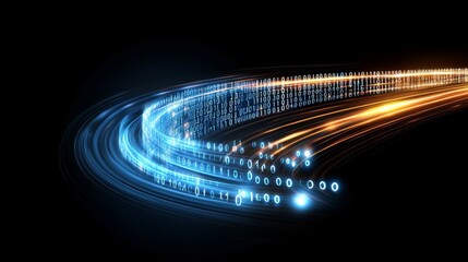 Fototapete - An abstract road lined with digits and blue light trails embodies the concept of data transfer speed and digitization