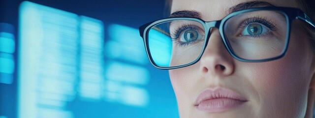 Poster - close-up of a woman with glasses looking thoughtfully at a screen