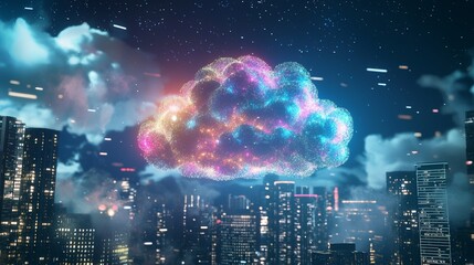 Poster - Data Cloud Technology, Cloud Computing, and a comprehensive Global Business Networking Structure form the backbone of the Smart City Network, visualized within a cityscape of interconnected data and