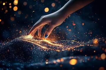 Poster - the image, generated from stock, features a person's hand amidst a soft flow of information, visuali