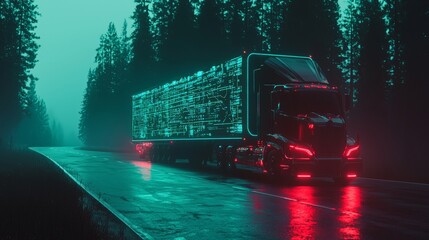 Poster - A digitized highway serves as the backdrop for a futuristic truck that shines with vibrant, neon blue and red illumination as it speeds by
