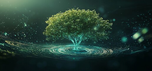 Poster - The depiction of a tree within a futuristic digital world that incorporates a technology interface
