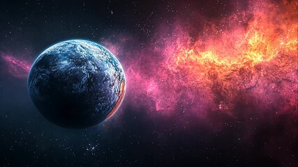 Wall Mural - Dynamic cosmic landscape with vibrant nebula and distant planet.