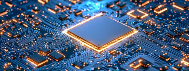 Poster - A close-up view of a blue circuit board with its central processor is presented, representing the fusion of modern technology and futuristic concepts