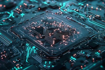 Poster - The image depicts an abstract digital circuit board positioned on a blue tech background, with circuit lines and dots connected on the motherboard, set against a dark tech gradient