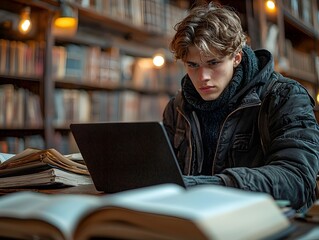 Poster - A focused student studying diligently in a library