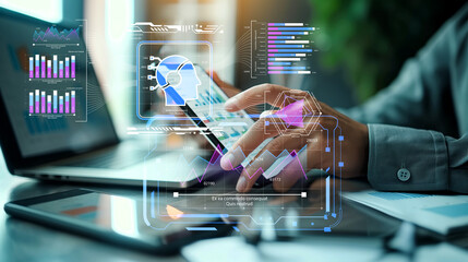 Aufkleber - Hands interact with a mobile phone showcasing data analytics, symbolizing business analysis and technological progress in a sleek, contemporary setting.Generative ai illustration