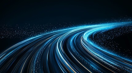 Fototapete - A background of abstract blue light speed lines, moving quickly in a curved path with a motion blur effect, symbolizes digital technology concept