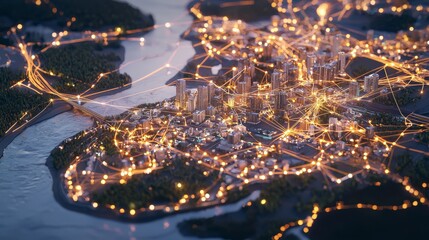 Fototapete - Network connections are illustrated through the use of glowing lines and nodes in an abstract technology concept