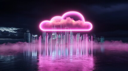 Poster - neon clouds come together to form a futuristic network that is set against a dark background