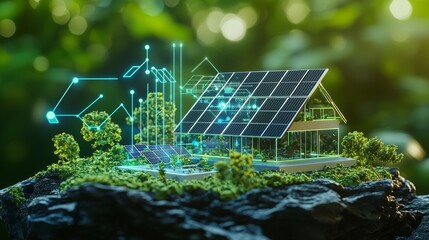 Poster - The concept of a futuristic generic smart home incorporates a rooftop solar panel system for renewable energy, displayed as a wide banner with a copyspace area