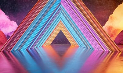 Poster - Un fondo negro con rayos de neón de colores y rayas de luz que crean un efecto de líneas láser brillantes, acompañado de una ilustración digital de una explosión de resplandor rojo, azul, violeta